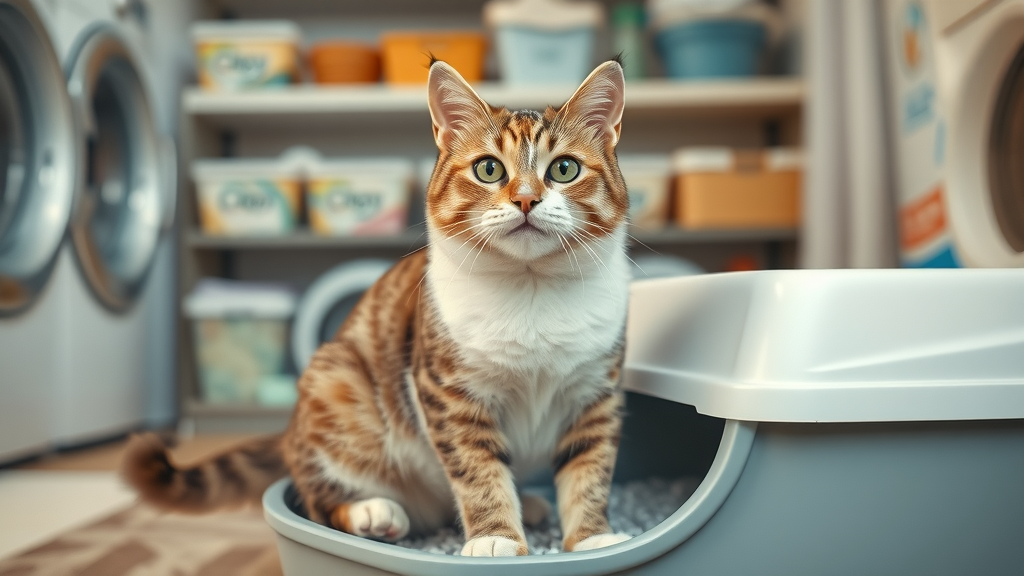 content domestic cat using a clean litter box, less meowing