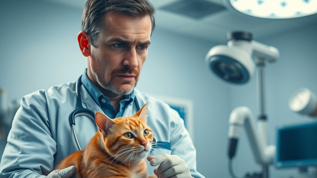 Veterinarian examining a male cat for urinary tract infection symptoms