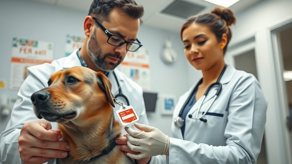 Veterinarian attaching rabies tag to calm dog, owner on side, milestone in rescue dog care