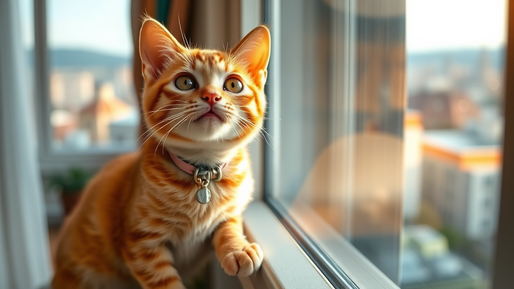a hilarious cat-sitter story illustrated by an amused orange tabby cat perched playfully on a windowsill gazing curiously