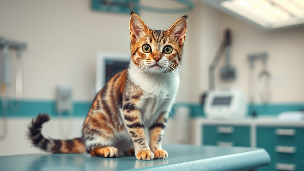 Curious domestic shorthair cat at the vet exam table, how often should cats see a vet?