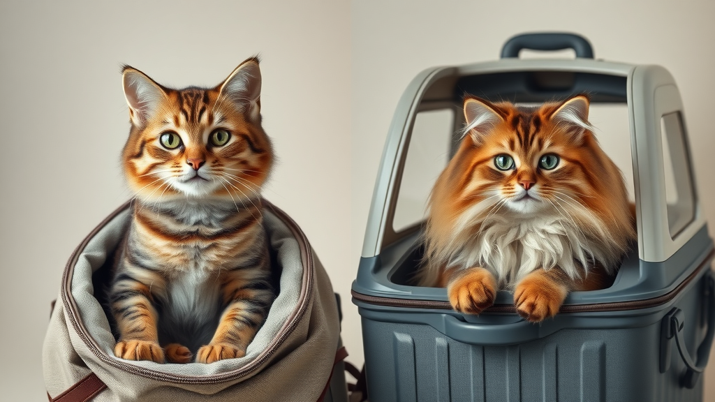 tabby cat in a soft carrier and Maine Coon in a hard carrier, travel carrier options comparison