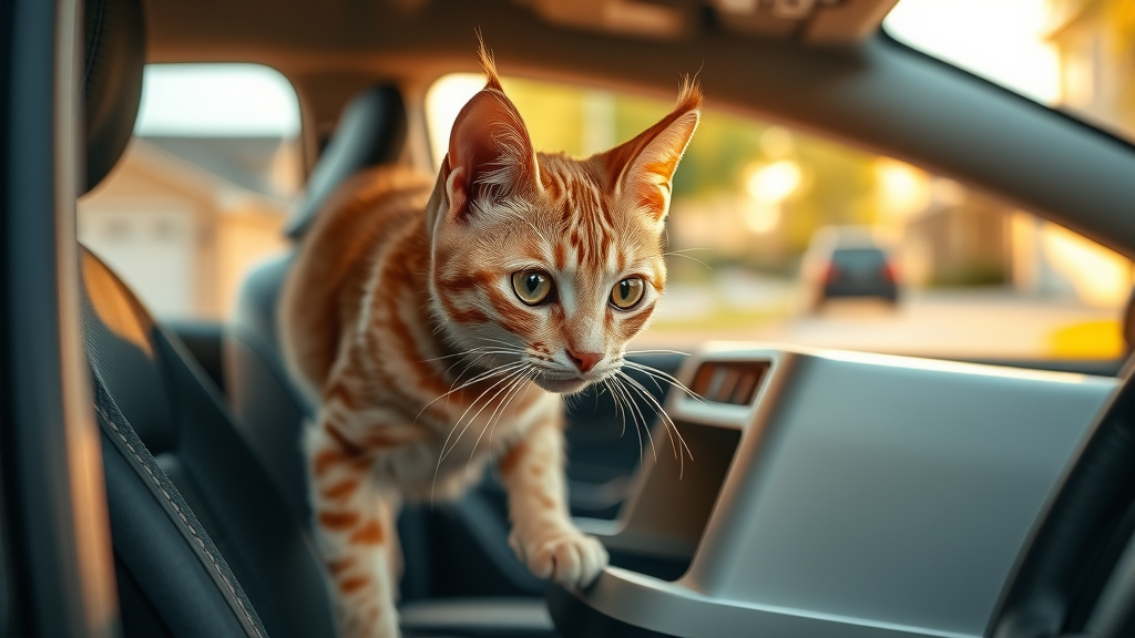 playful tabby cat sniffing an open cat carrier on a car seat, introducing cat to car rides