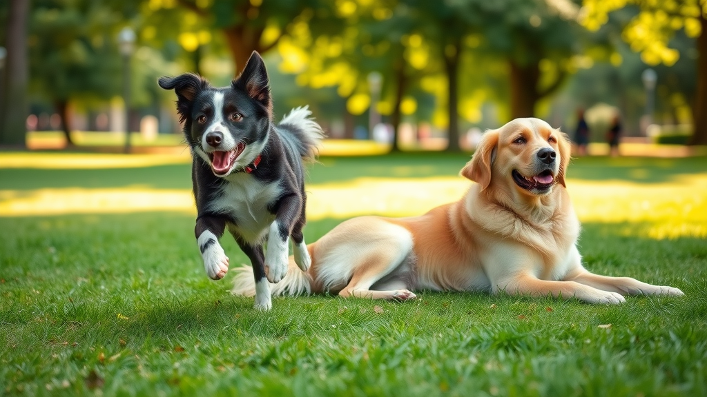 Energetic border collie mid-run and relaxed senior golden retriever adjusting feeding for activity level