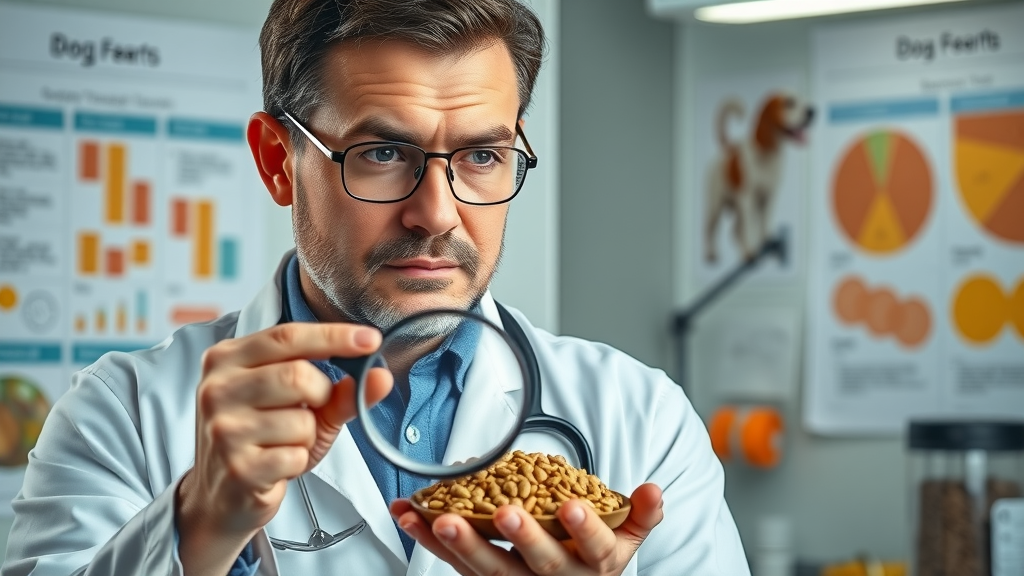 thoughtful veterinarian analyzing food ingredients for dogs, distinguishing safe and toxic foods