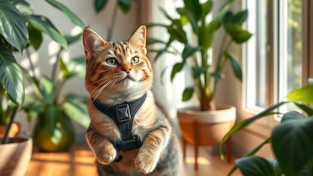 cat leash training, serene senior cat walking near indoor plants on harness