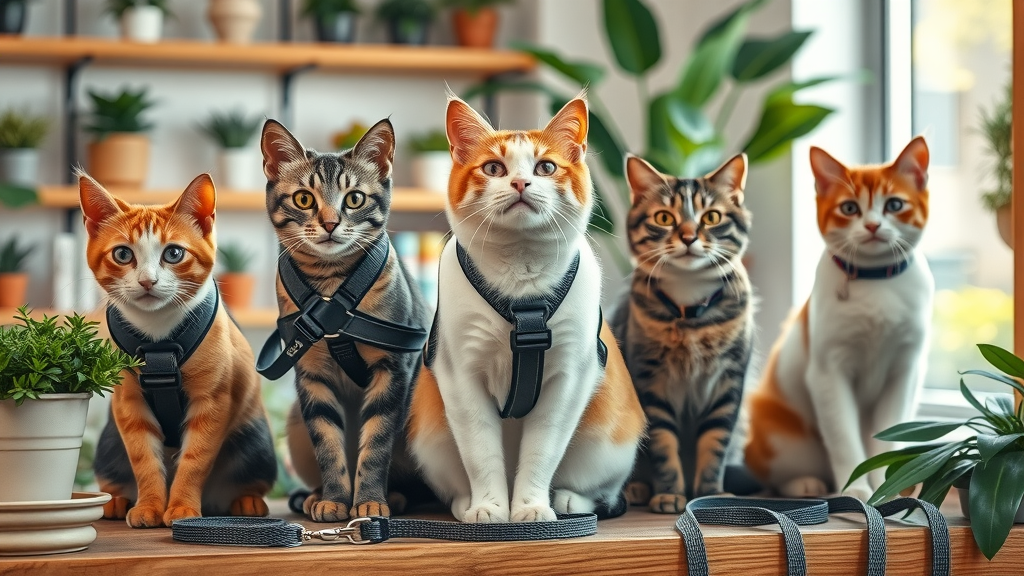 Assorted cat harnesses and leashes displayed on a table, including adjustable and fixed types, harness and leash essentials.