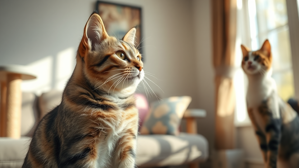 alert cat watching another cat in a sunny living room, signifying social interest or boundaries