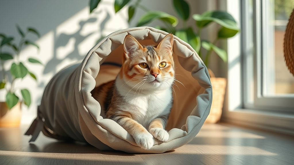 content indoor cat in a soft tunnel toy, best cat toys for indoor cats
