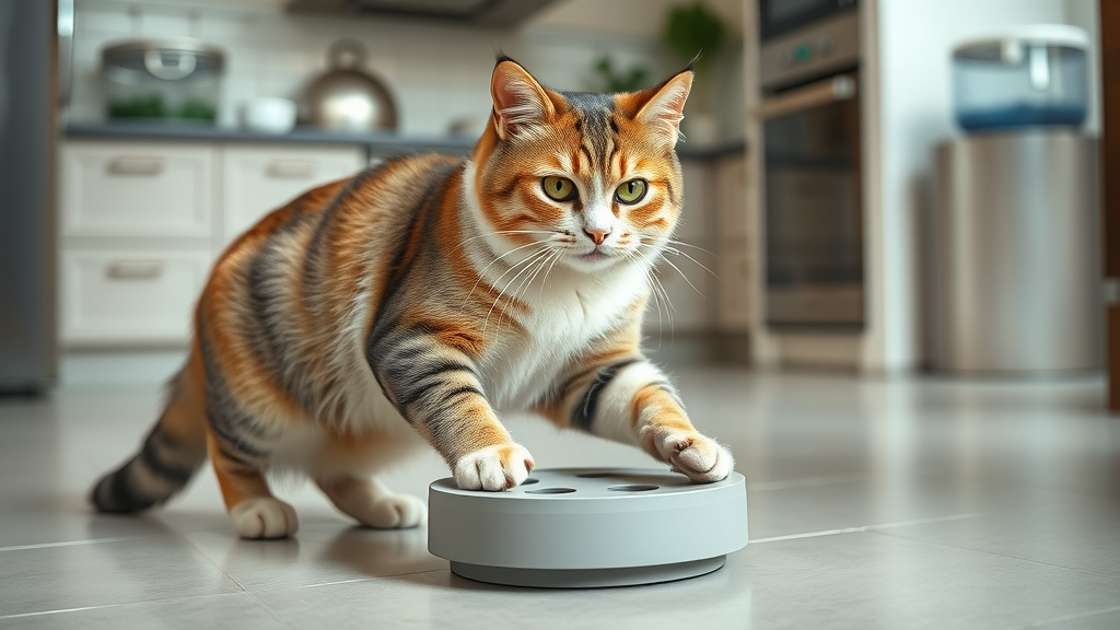 vibrant house cat playing with puzzle feeder on kitchen floor with healthy fur and clean home background