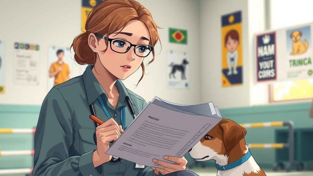 thoughtful dog trainer reviewing notes next to distracted puppy in indoor training facility