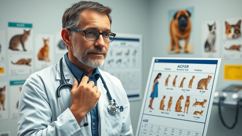 analytical veterinarian pointing cat age chart human years cat years veterinary exam room image