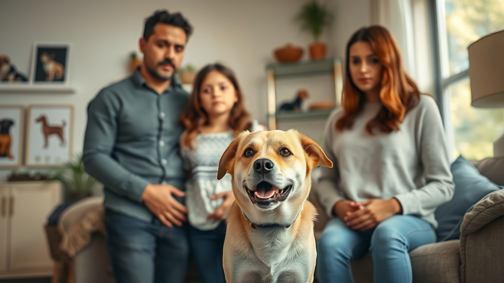 concerned family observing their dog, serious expressions, standing near a medium-sized dog displaying signs of agitation, cozy living room, dog behavior