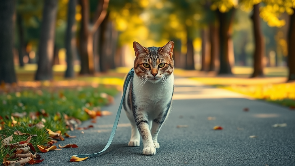 Mature cat walking safely in a quiet park, owner gently holding leash, safety and comfort while walking your cat.
