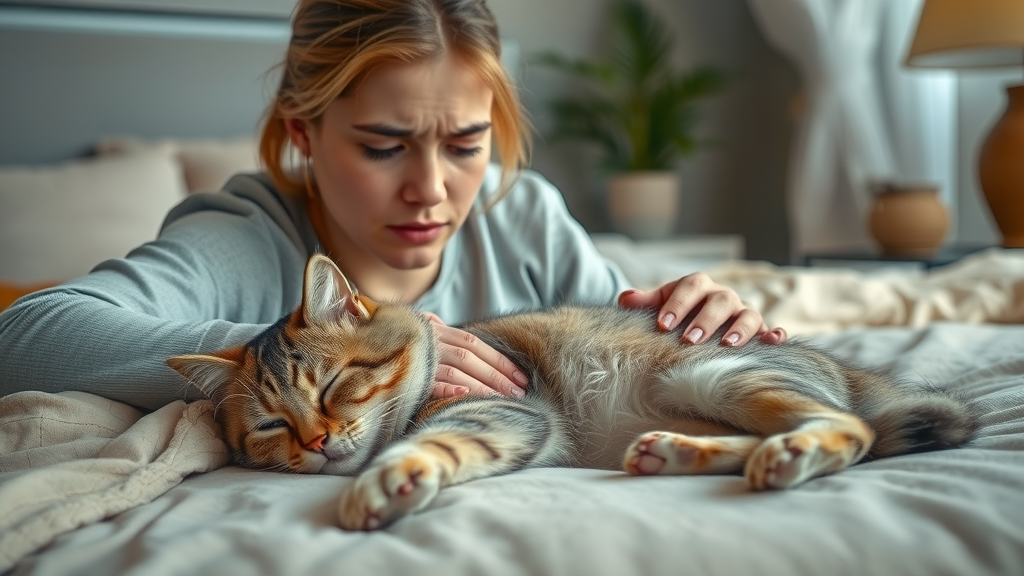 concerned cat owner gently petting lethargic sick cat, what are signs of illness in cats