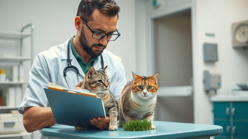 veterinarian checking healthy cat, example of safe cat eating grass