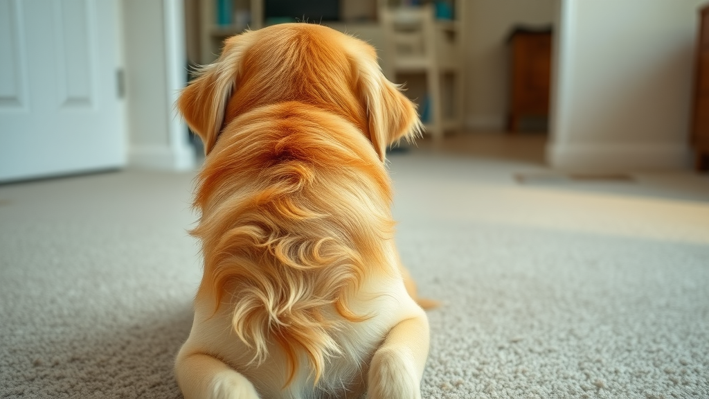 Worried golden retriever looking back at its hindquarters, concerned about dog scooting butt.