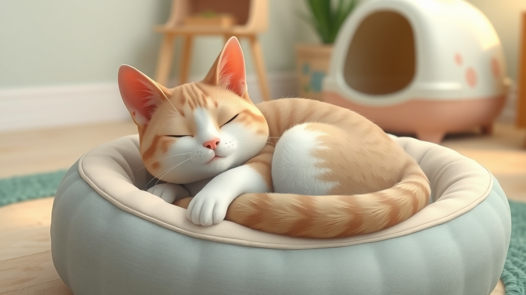 Content domestic cat resting, healthy urinary tract, clean home and litter box