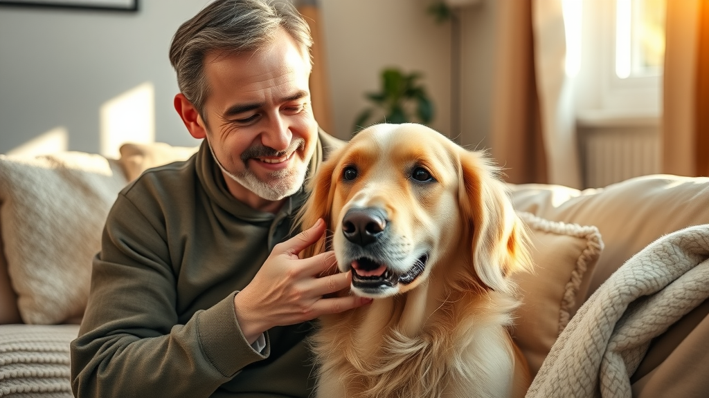 Dog owner spending quality time grooming golden retriever during daily routine