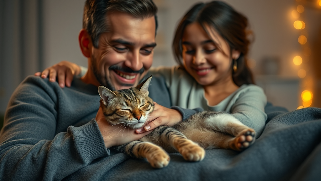 relaxed owner petting a peaceful cat after resolving excessive meowing
