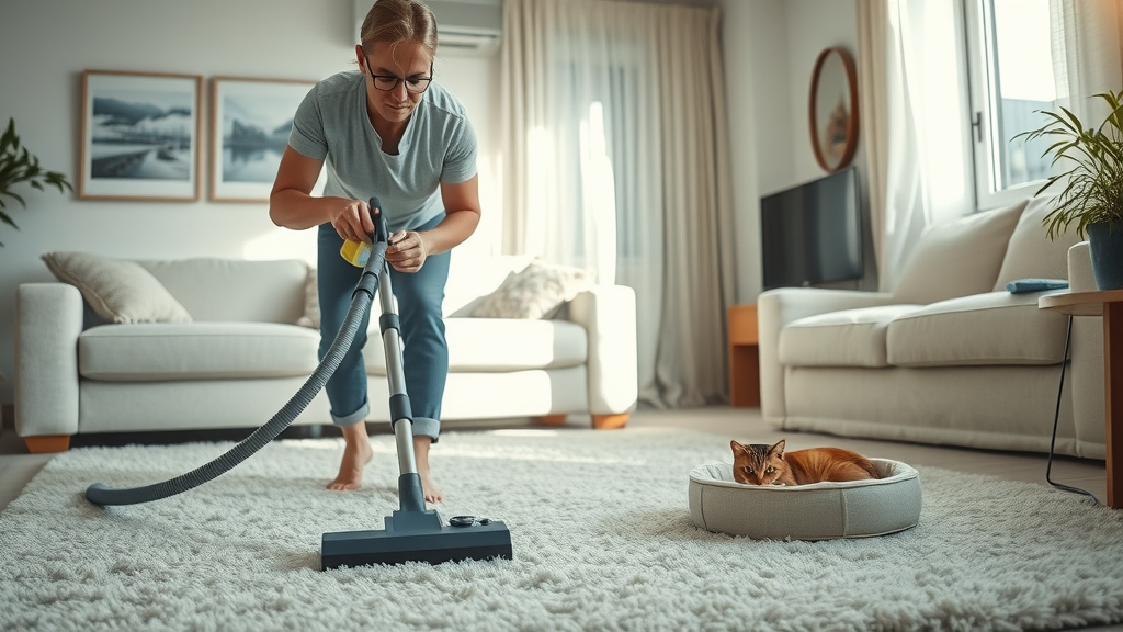 homeowner vacuuming near cat bedding to remove flea eggs - rid of fleas in home