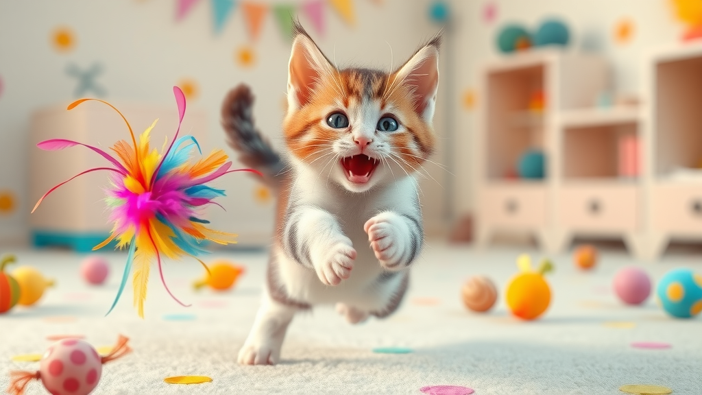 excited kitten pouncing on feathered toy, best toys for what toys do cats enjoy most