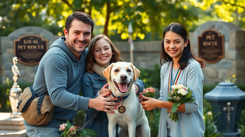 grateful family with adopted dog at pet rescue memorial, the dog that saved my life, honoring canine heroes