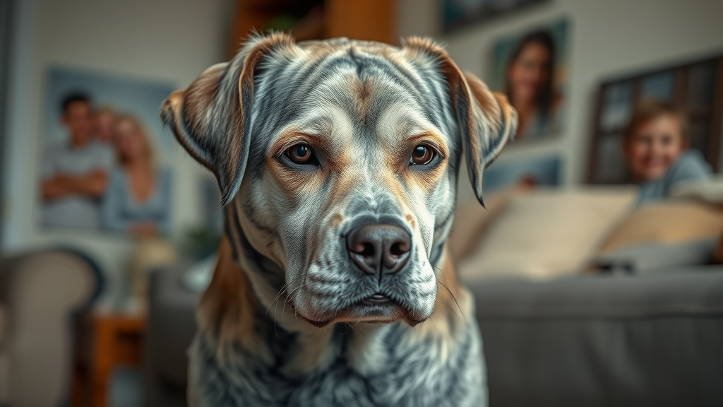 Older dog showing mild confusion, dog staring gently, signs of cognitive dysfunction, home background with family photos