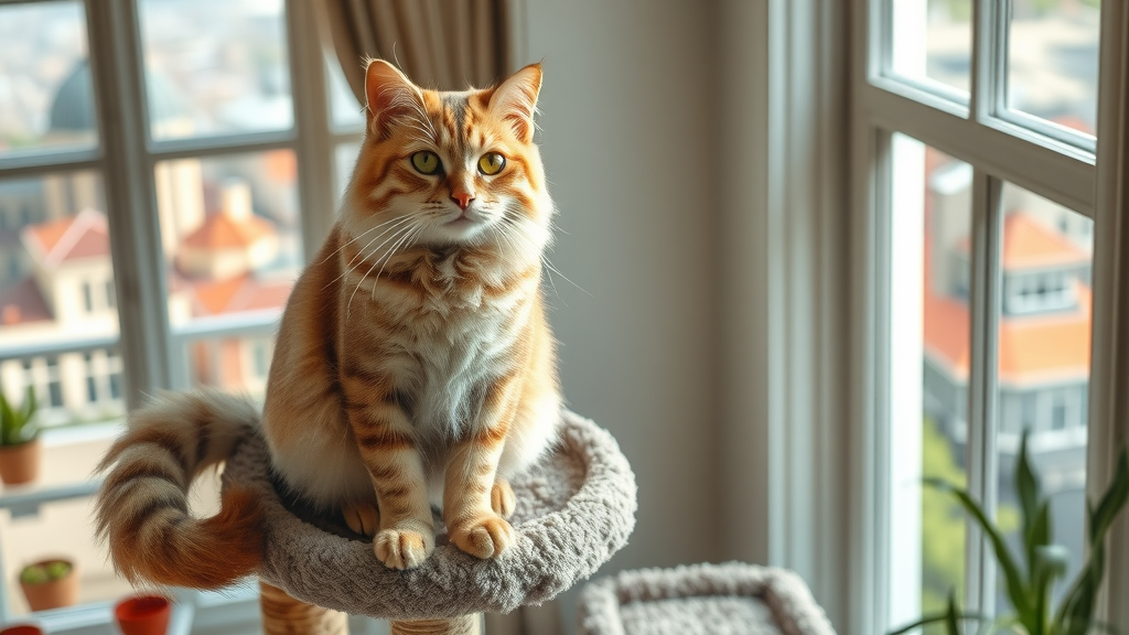 majestic house cat on elaborate cat tree with bright window and city view
