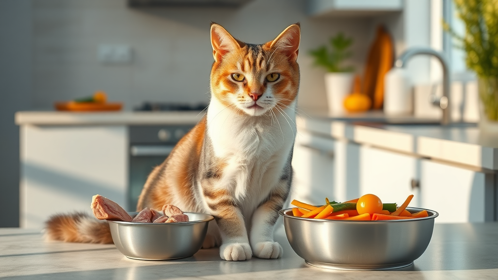 healthy adult cat sitting beside bowls containing meat and small veggie portions, illustrating balance in feeding your cat vegetables alongside animal protein
