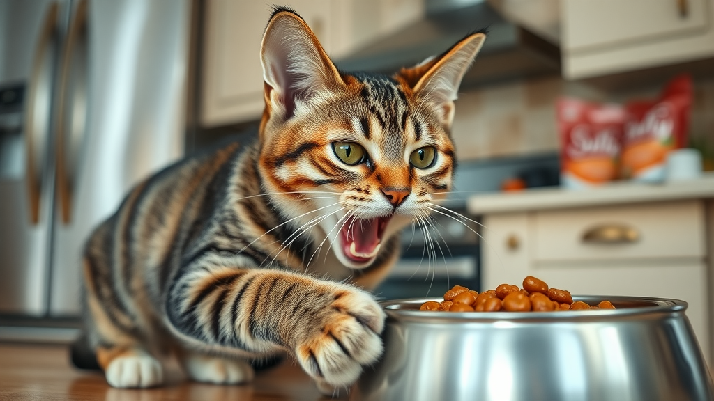 hungry tabby cat meowing for food in a kitchen