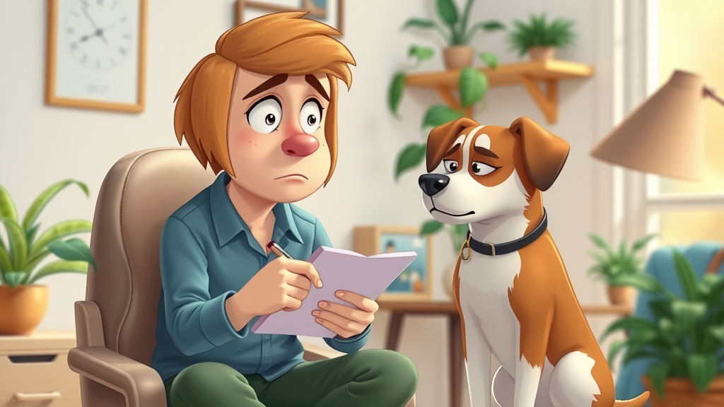 owner documenting aggressive dog behavior, worried face, aggression in dogs, behavior log