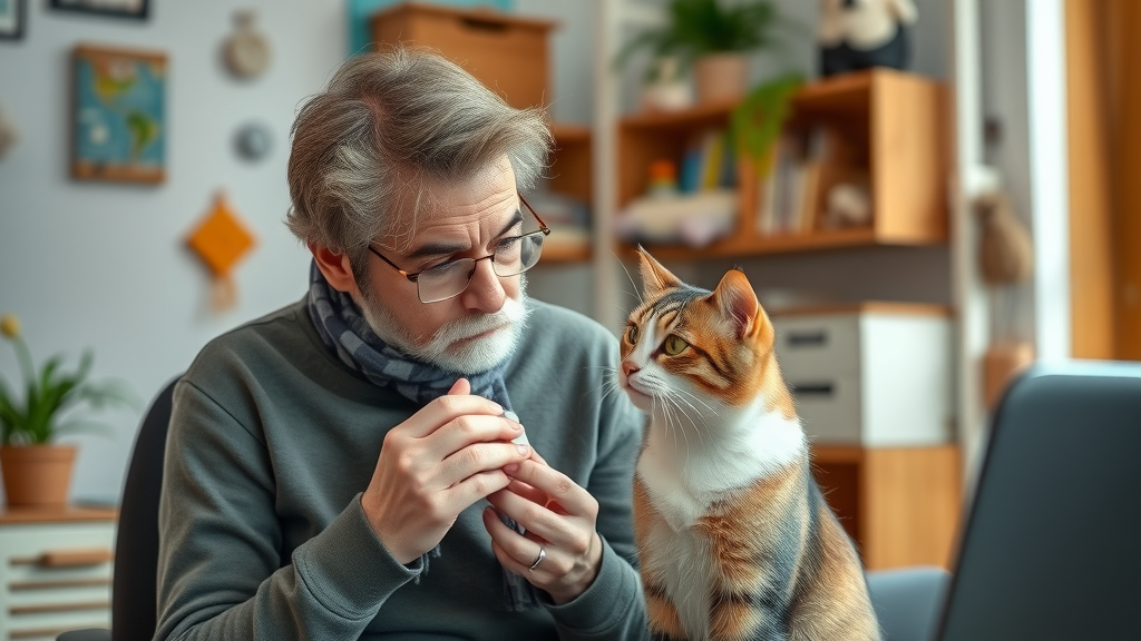 thoughtful cat owner troubleshooting recall with clicker, cat looks away during training