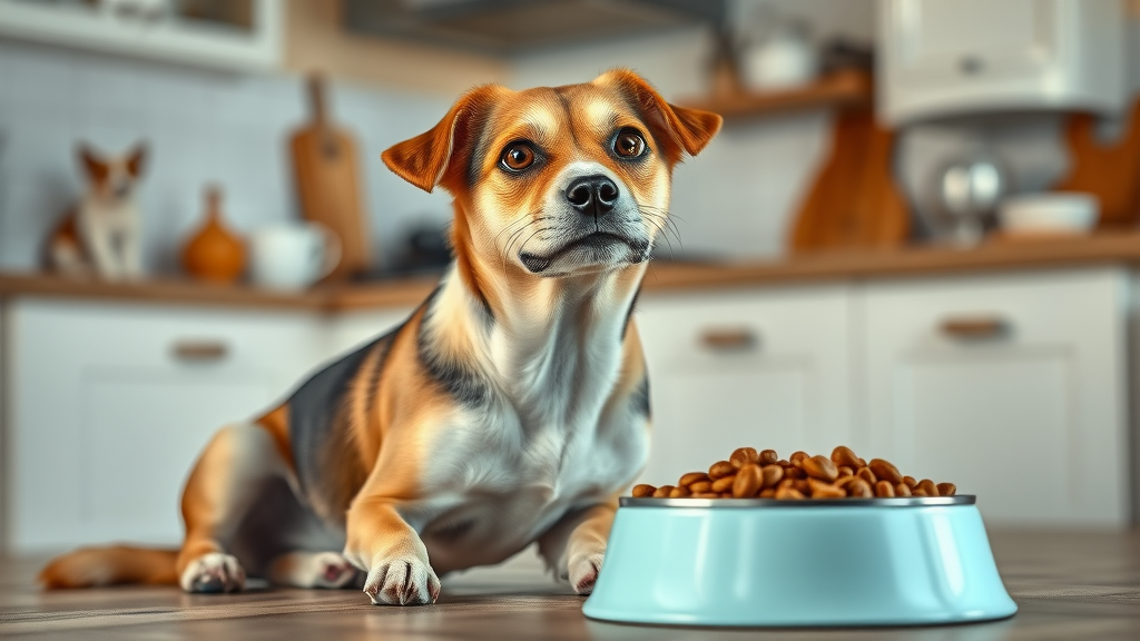 Curious healthy adult dog waiting to be fed, showing perfect portion control in a pet-friendly kitchen, how much should I feed my dog daily?