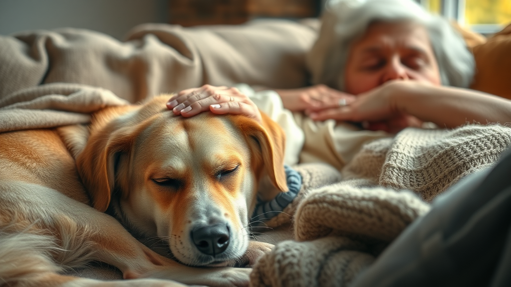 Senior dog resting with owner, highlighting kidney disease and signs of illness
