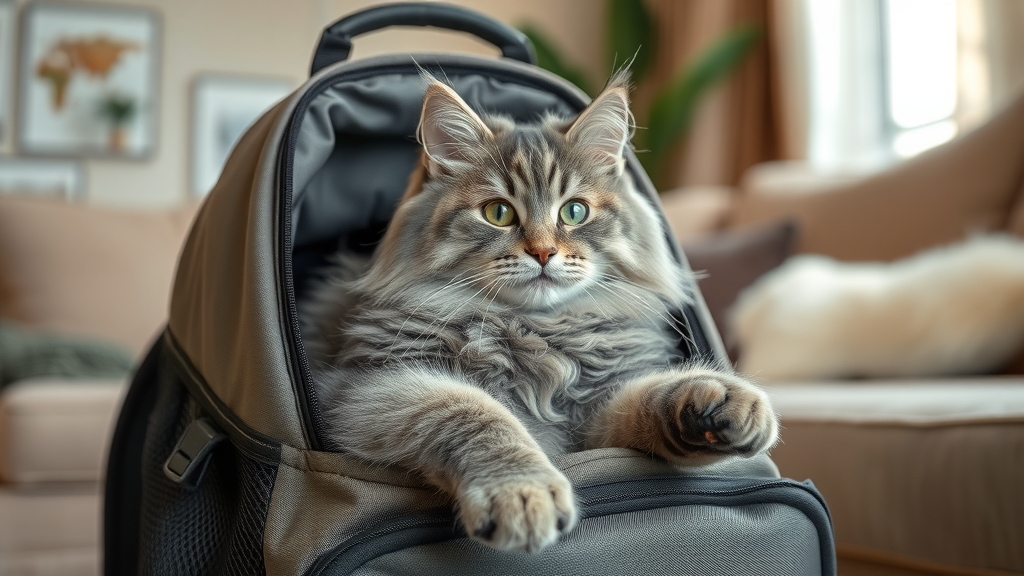 plush grey Maine Coon lounging comfortably inside a spacious backpack carrier with mesh sides. ideal cat backpack for larger cats