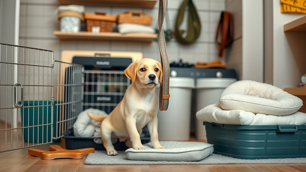 display of crate, puppy pads, and leashes for potty train a puppy at home