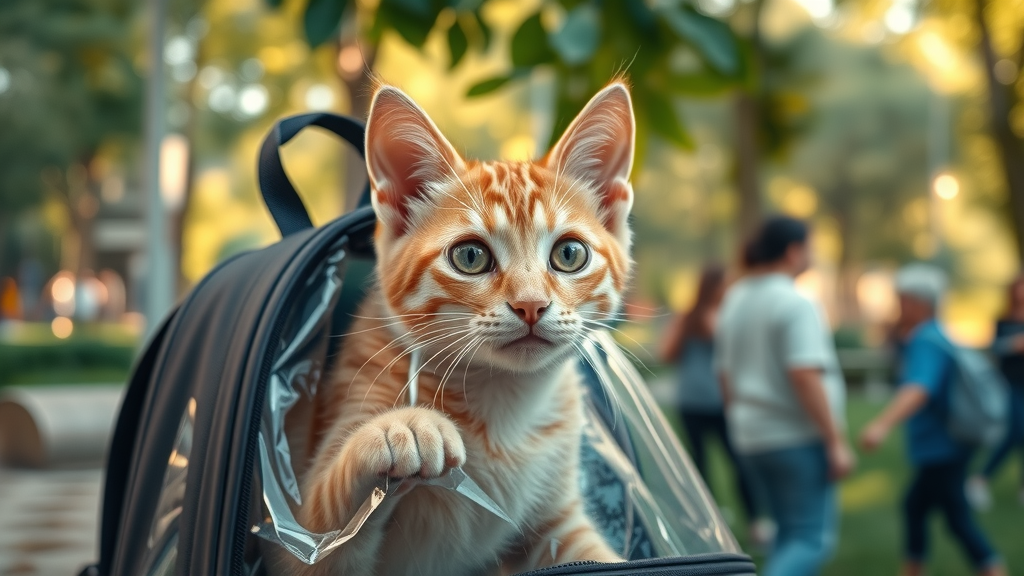 charming orange tabby cat, curious and bright-eyed, peeking out from a transparent bubble backpack in an urban park. the cat that travels in a backpack enjoying nature
