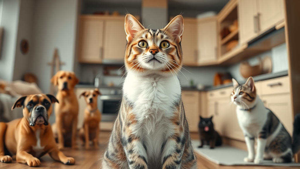 confident cat responding to recall in multi-pet household, cat recall with dogs and cats watching
