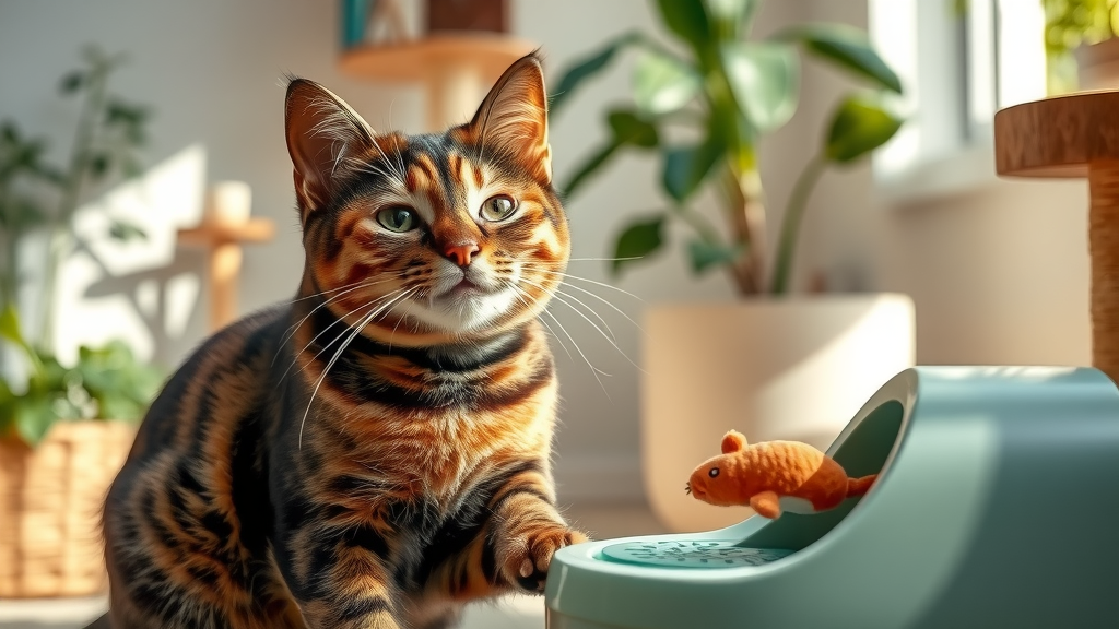 content tortoiseshell cat with puzzle feeder and plush toy, safe play alternatives for biting cats