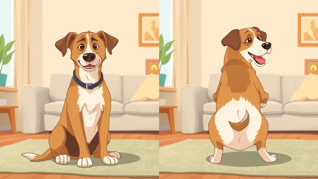 Comparison side-by-side: normal dog sitting and dog dragging rear to show difference in healthy and abnormal scooting butt.