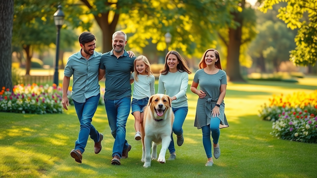 joyful family walking in the park with their dog, bonding and healing after grief, how our dog helped us through grief