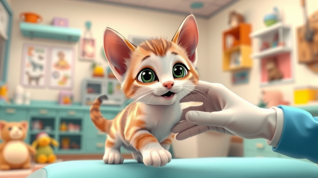 playful kitten getting gentle vet visit, first year kitten care, colorful veterinary clinic