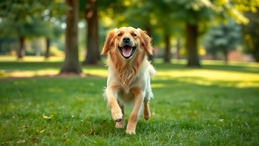 joyful golden retriever running towards owner on recall command in a lush green park