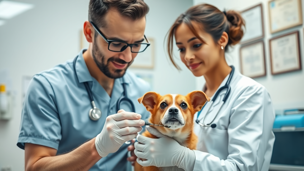 friendly veterinarian examining a small dog for pet travel, health certificate check, health inspection service, photorealistic detailed clinic