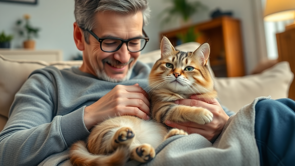 Cat owner and cat bonding while cat kneads soft throw, enhancing owner-cat relationship