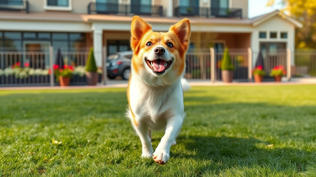 Dog enjoying outdoor play area at a pet friendly hotel, hotel exterior and fenced grass space