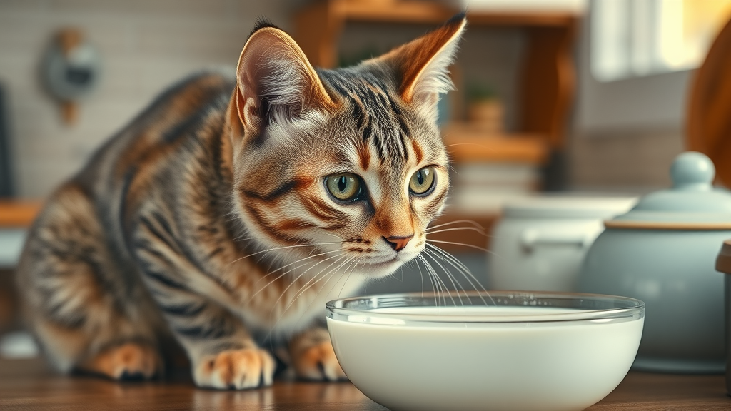 Curious domestic shorthair cat sniffing a bowl of milk, cozy kitchen setting, can cats drink milk?
