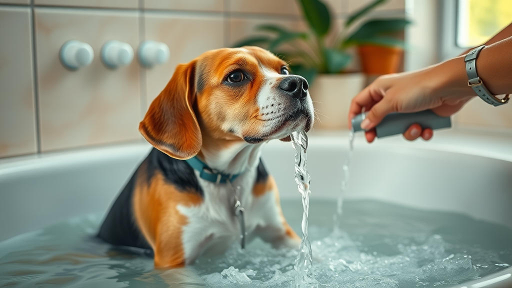 owner gently bathing beagle in modern bathroom, proper care for dog with sensitive skin