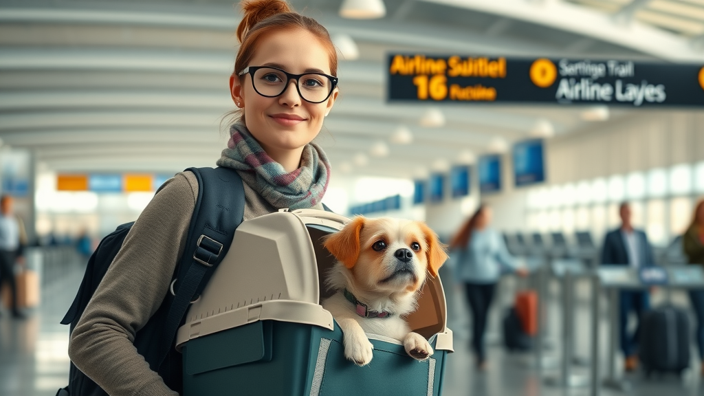 well-prepared traveler with a small dog in an airline-approved carrier at airport check-in, pet travel documentation in hand, photorealistic modern terminal